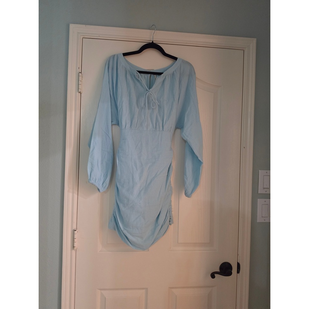 Free People Light Blue Ruched Mini Dress Long Sleeve Tie Back XS